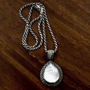 Sterling Silver 925 Marcasite Outlined Mother of Pearl Pendant and Rope Necklace